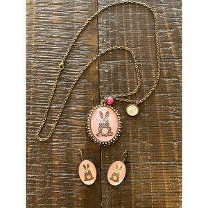 Kole Jax Easter Bunny Mama Pendant Necklace & Earrings Set Pink Leopard Print 18